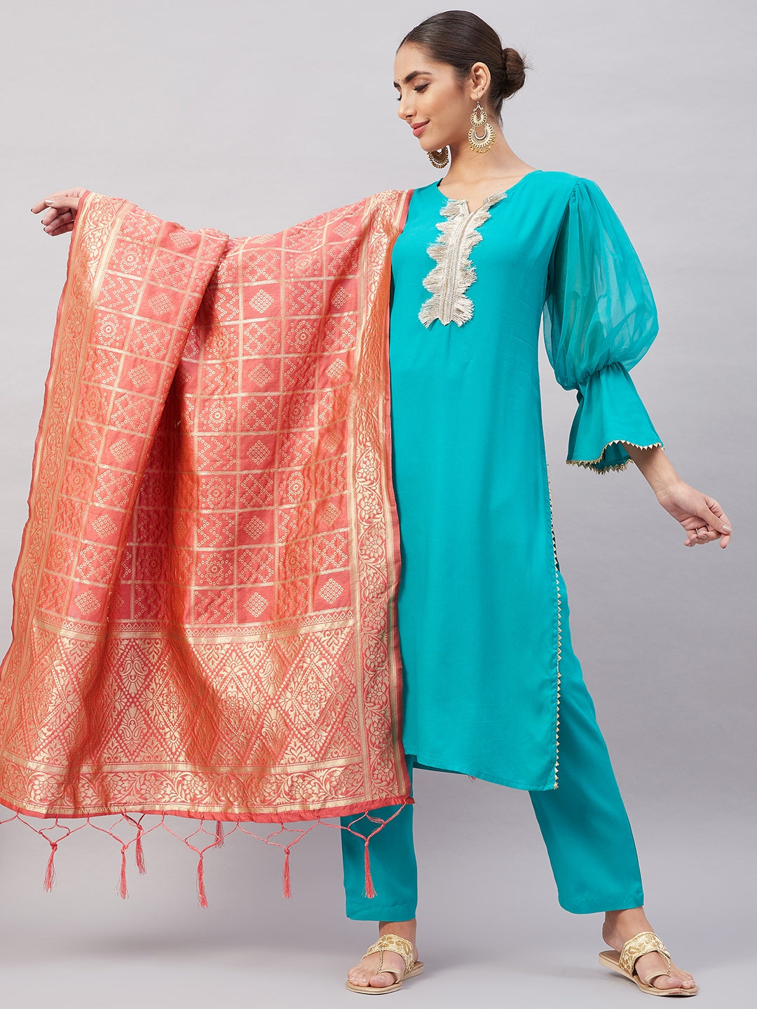 InWeave Women's Aqua Organza Sleeve Kurta Set With Peach Brocade Dupatta - Swadesiicart