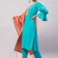 InWeave Women's Aqua Organza Sleeve Kurta Set With Peach Brocade Dupatta - Swadesiicart