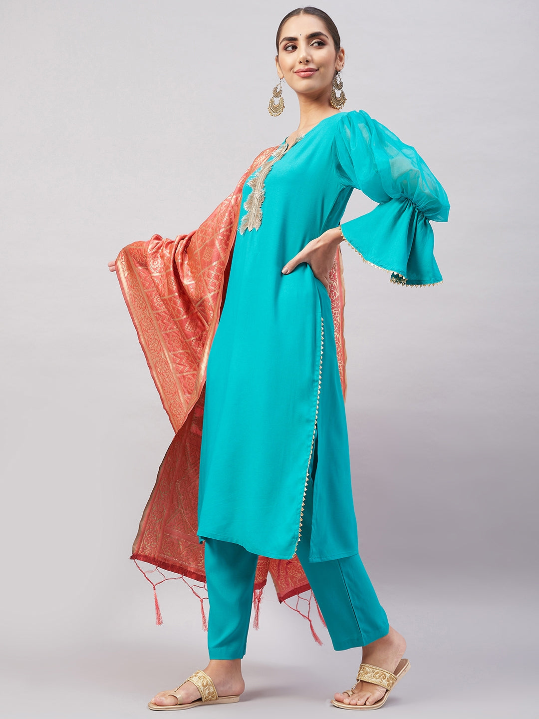 InWeave Women's Aqua Organza Sleeve Kurta Set With Peach Brocade Dupatta - Swadesiicart