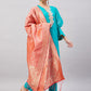 InWeave Women's Aqua Organza Sleeve Kurta Set With Peach Brocade Dupatta - Swadesiicart