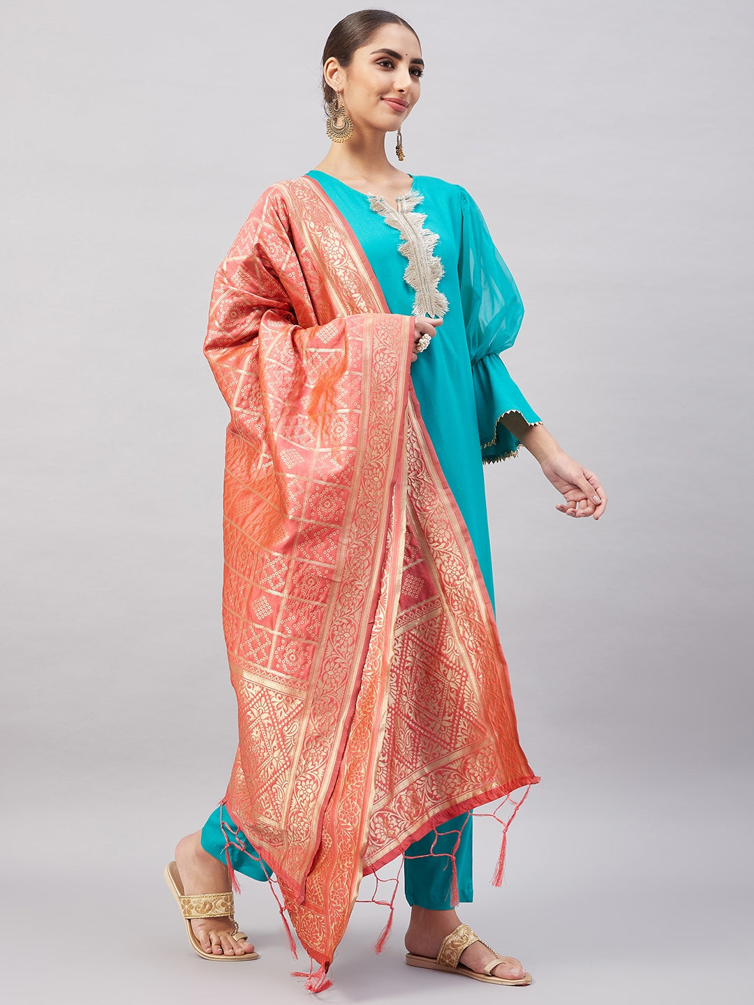 InWeave Women's Aqua Organza Sleeve Kurta Set With Peach Brocade Dupatta - Swadesiicart