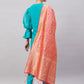 InWeave Women's Aqua Organza Sleeve Kurta Set With Peach Brocade Dupatta - Swadesiicart