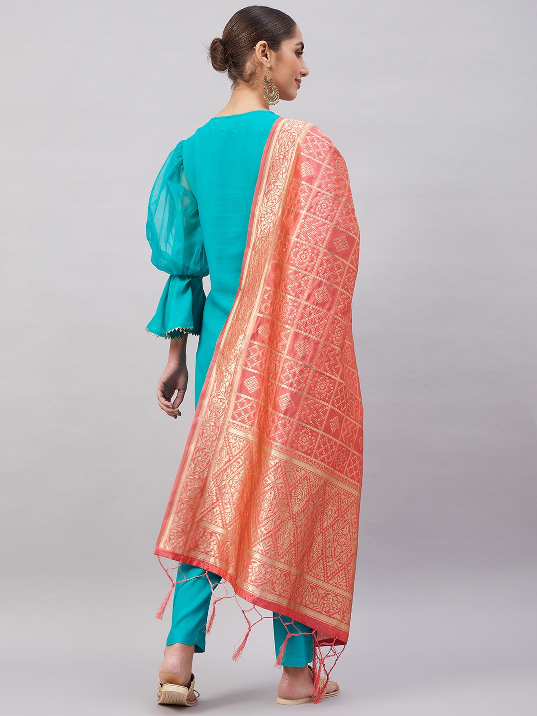 InWeave Women's Aqua Organza Sleeve Kurta Set With Peach Brocade Dupatta - Swadesiicart
