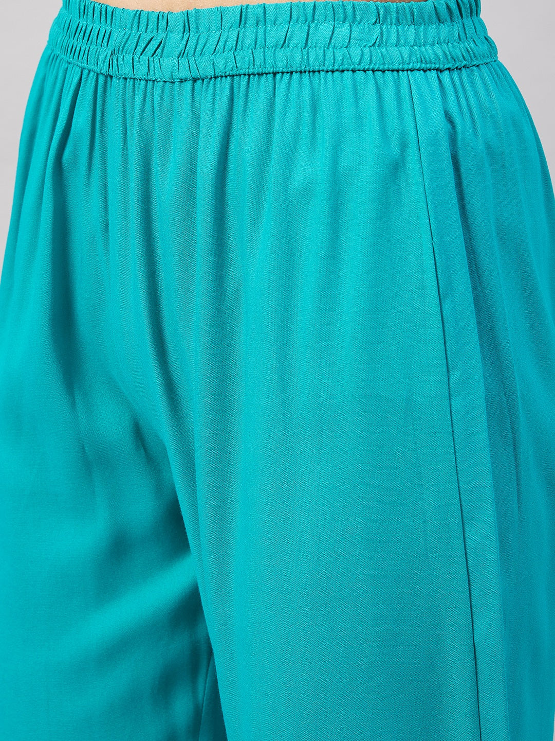 InWeave Women's Aqua Organza Sleeve Kurta Set With Peach Brocade Dupatta - Swadesiicart