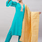 InWeave Women's Aqua Organza Sleeve Kurta Set With Beige Brocade Dupatta - Swadesiicart