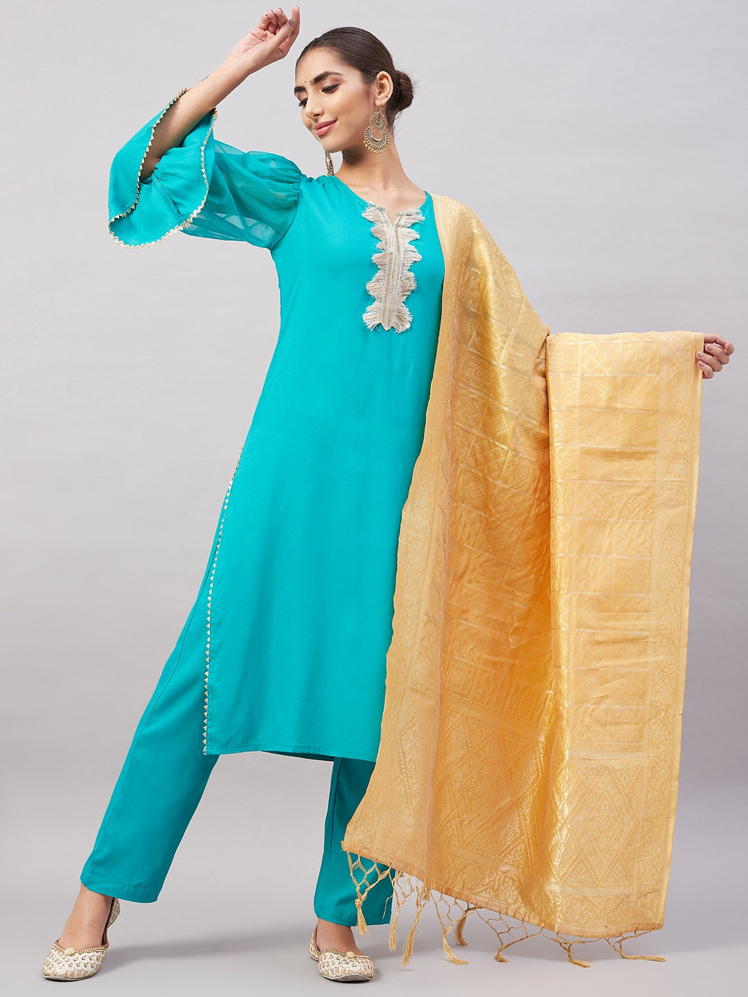 InWeave Women's Aqua Organza Sleeve Kurta Set With Beige Brocade Dupatta - Swadesiicart