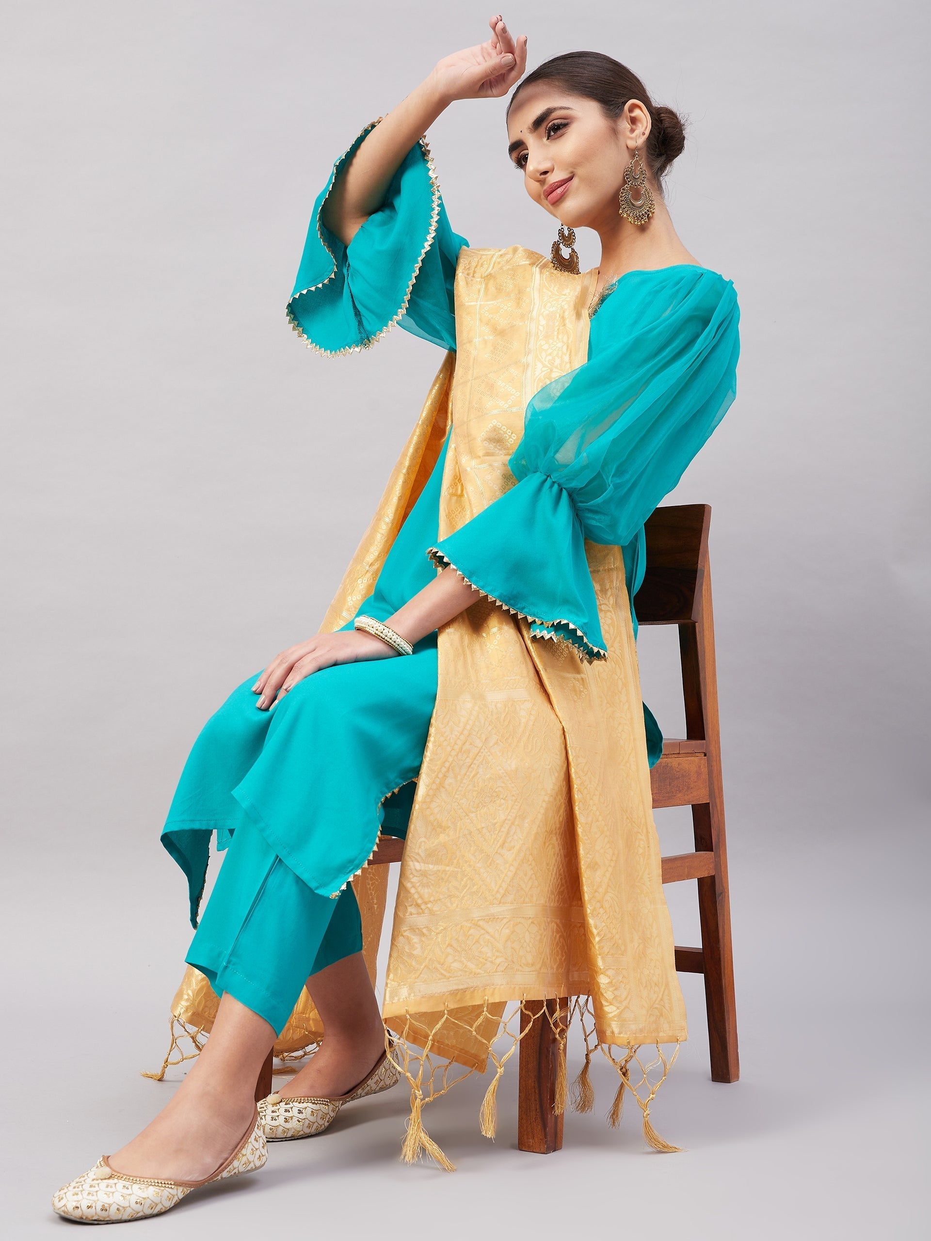 InWeave Women's Aqua Organza Sleeve Kurta Set With Beige Brocade Dupatta - Swadesiicart