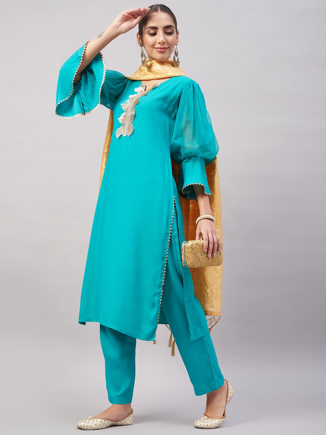 InWeave Women's Aqua Organza Sleeve Kurta Set With Beige Brocade Dupatta - Swadesiicart