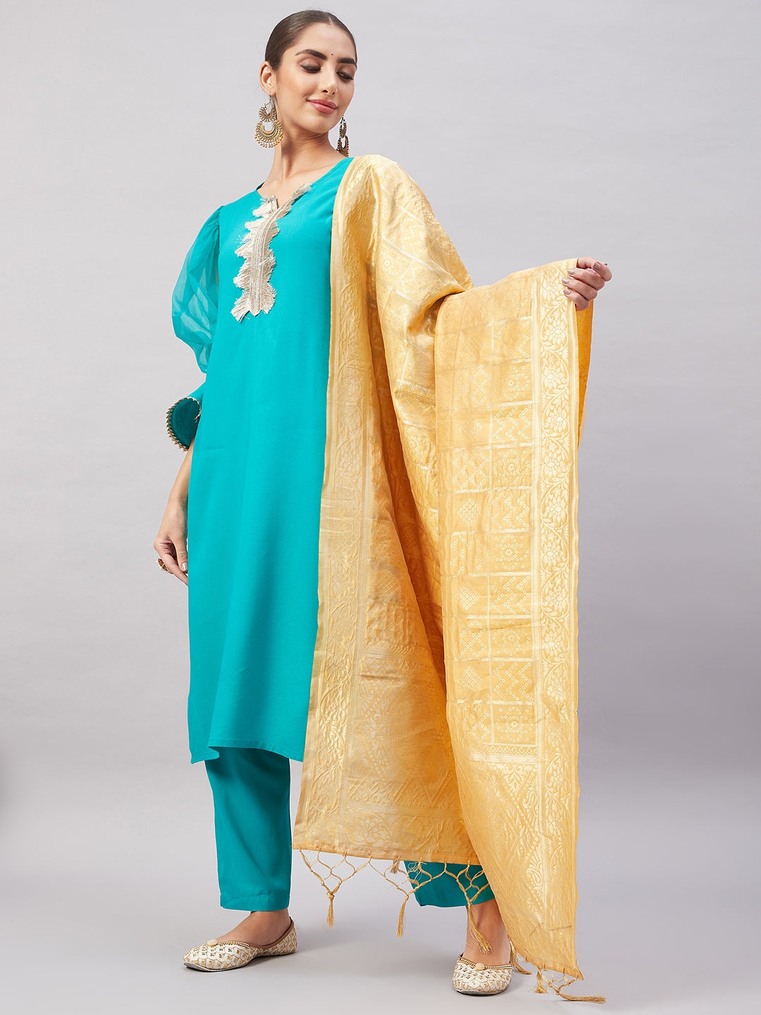 InWeave Women's Aqua Organza Sleeve Kurta Set With Beige Brocade Dupatta - Swadesiicart