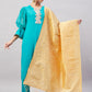 InWeave Women's Aqua Organza Sleeve Kurta Set With Beige Brocade Dupatta - Swadesiicart
