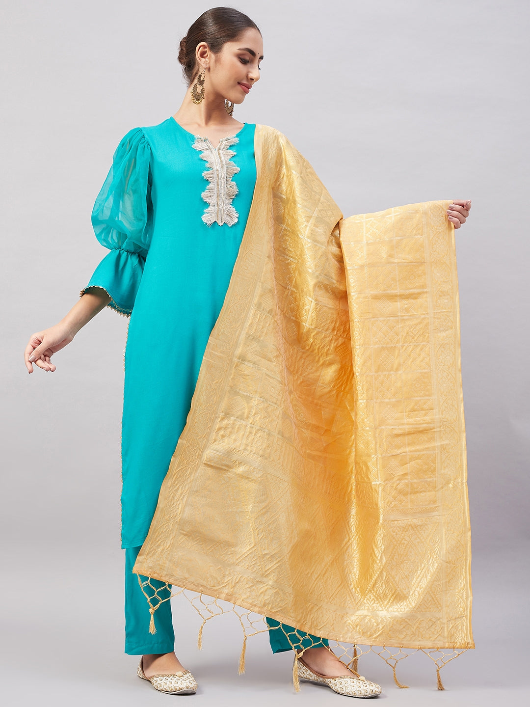 InWeave Women's Aqua Organza Sleeve Kurta Set With Beige Brocade Dupatta - Swadesiicart