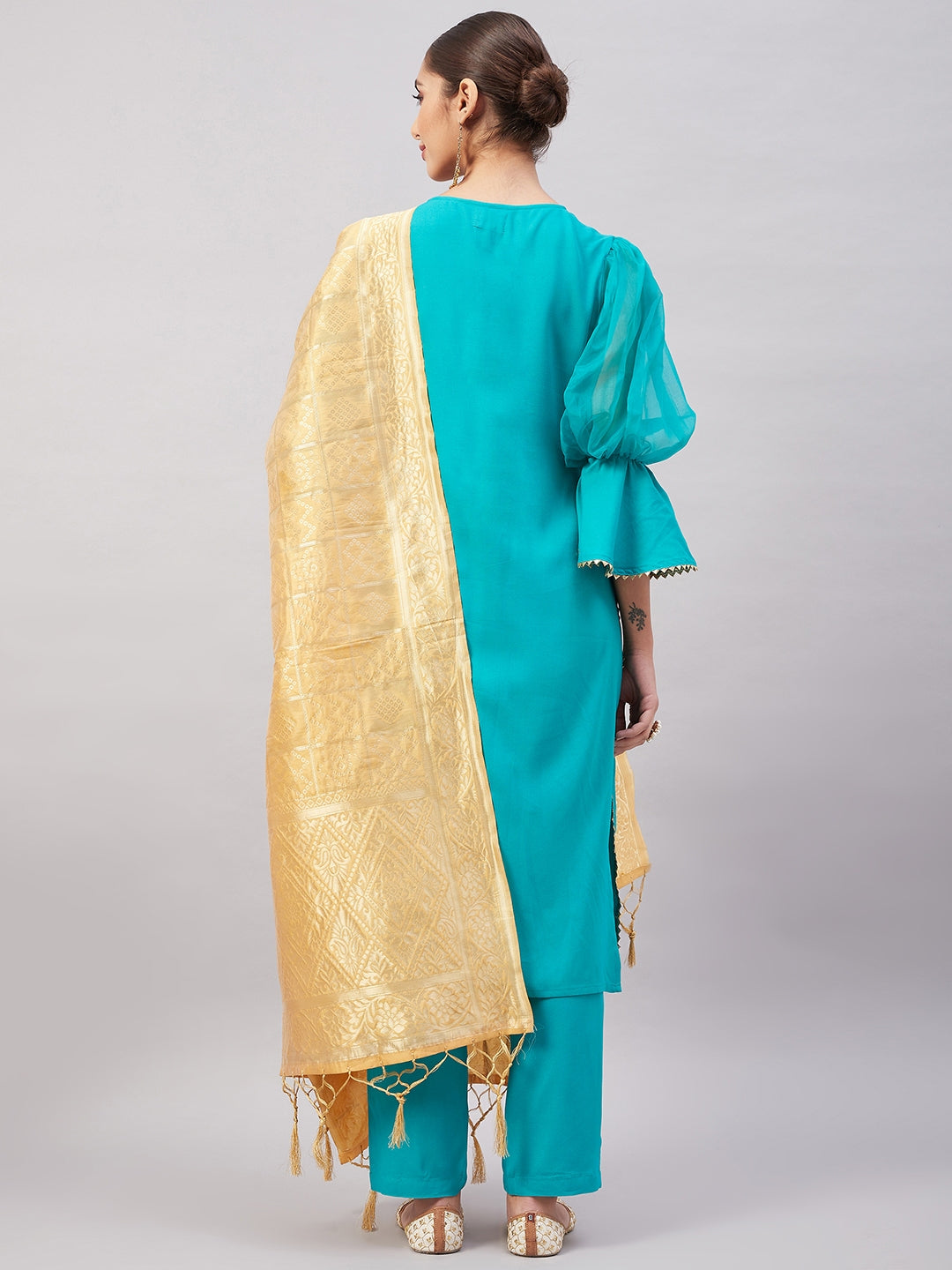 InWeave Women's Aqua Organza Sleeve Kurta Set With Beige Brocade Dupatta - Swadesiicart