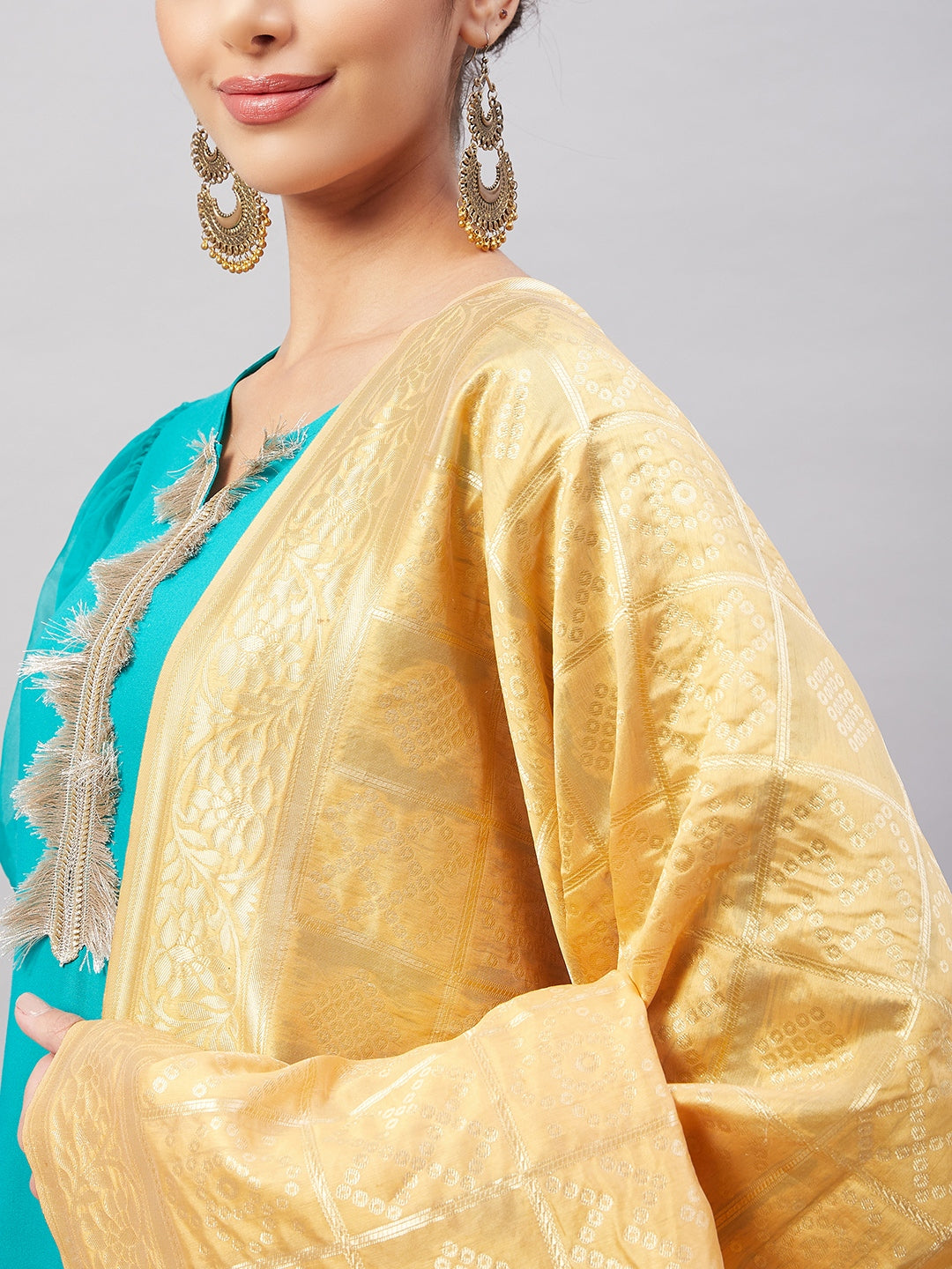 InWeave Women's Aqua Organza Sleeve Kurta Set With Beige Brocade Dupatta - Swadesiicart