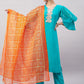 InWeave Women's Aqua Organza Sleeve Kurta Set With Orange Kota Dupatta - Swadesiicart