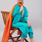 InWeave Women's Aqua Organza Sleeve Kurta Set With Orange Kota Dupatta - Swadesiicart