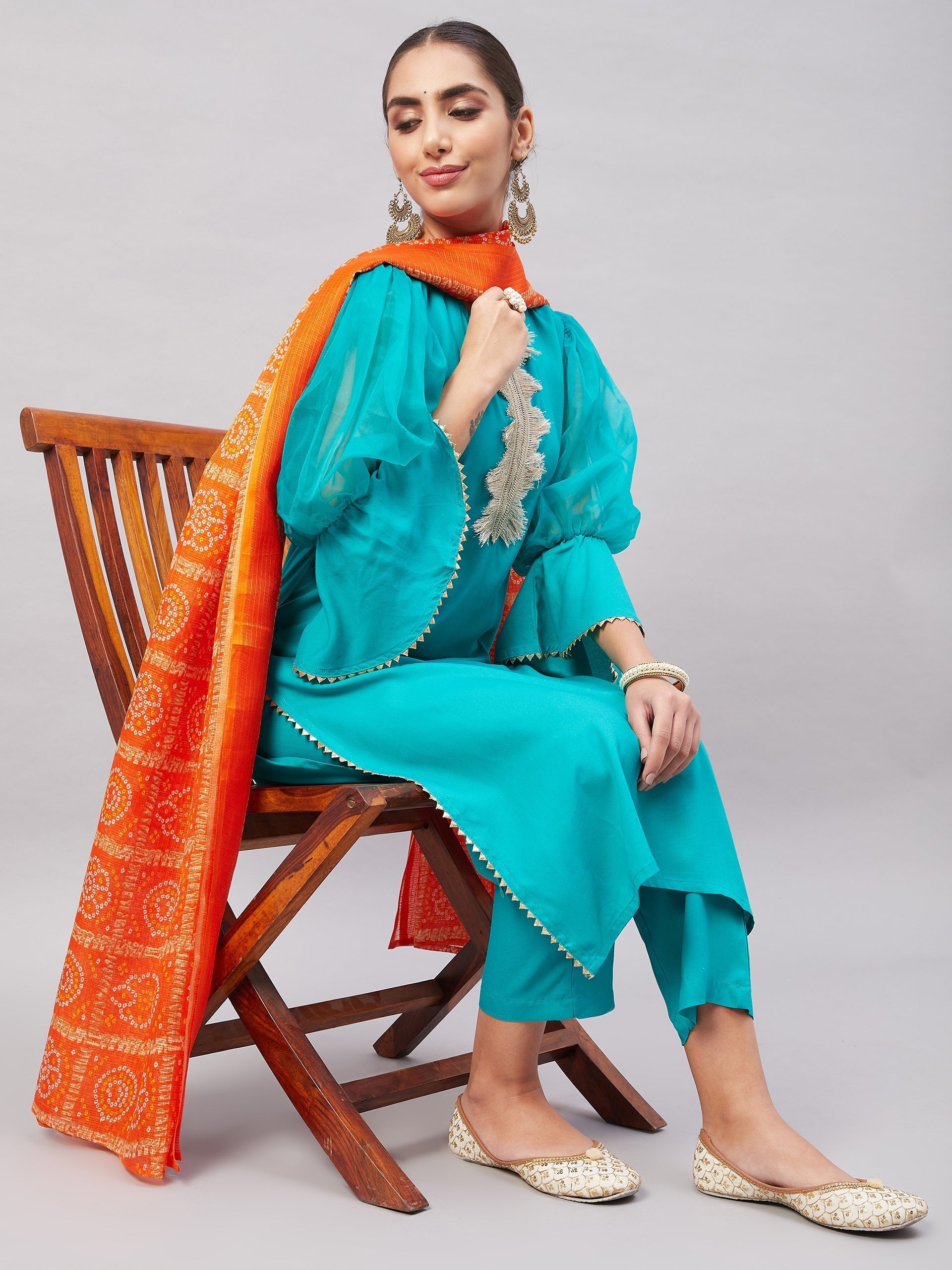 InWeave Women's Aqua Organza Sleeve Kurta Set With Orange Kota Dupatta - Swadesiicart
