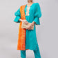 InWeave Women's Aqua Organza Sleeve Kurta Set With Orange Kota Dupatta - Swadesiicart