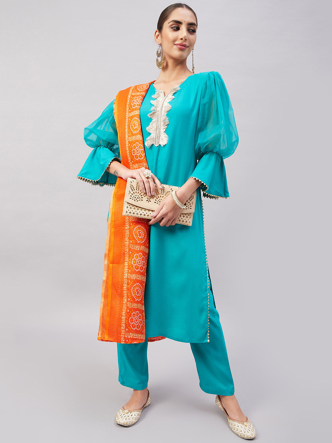 InWeave Women's Aqua Organza Sleeve Kurta Set With Orange Kota Dupatta - Swadesiicart