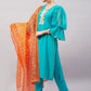 InWeave Women's Aqua Organza Sleeve Kurta Set With Orange Kota Dupatta - Swadesiicart