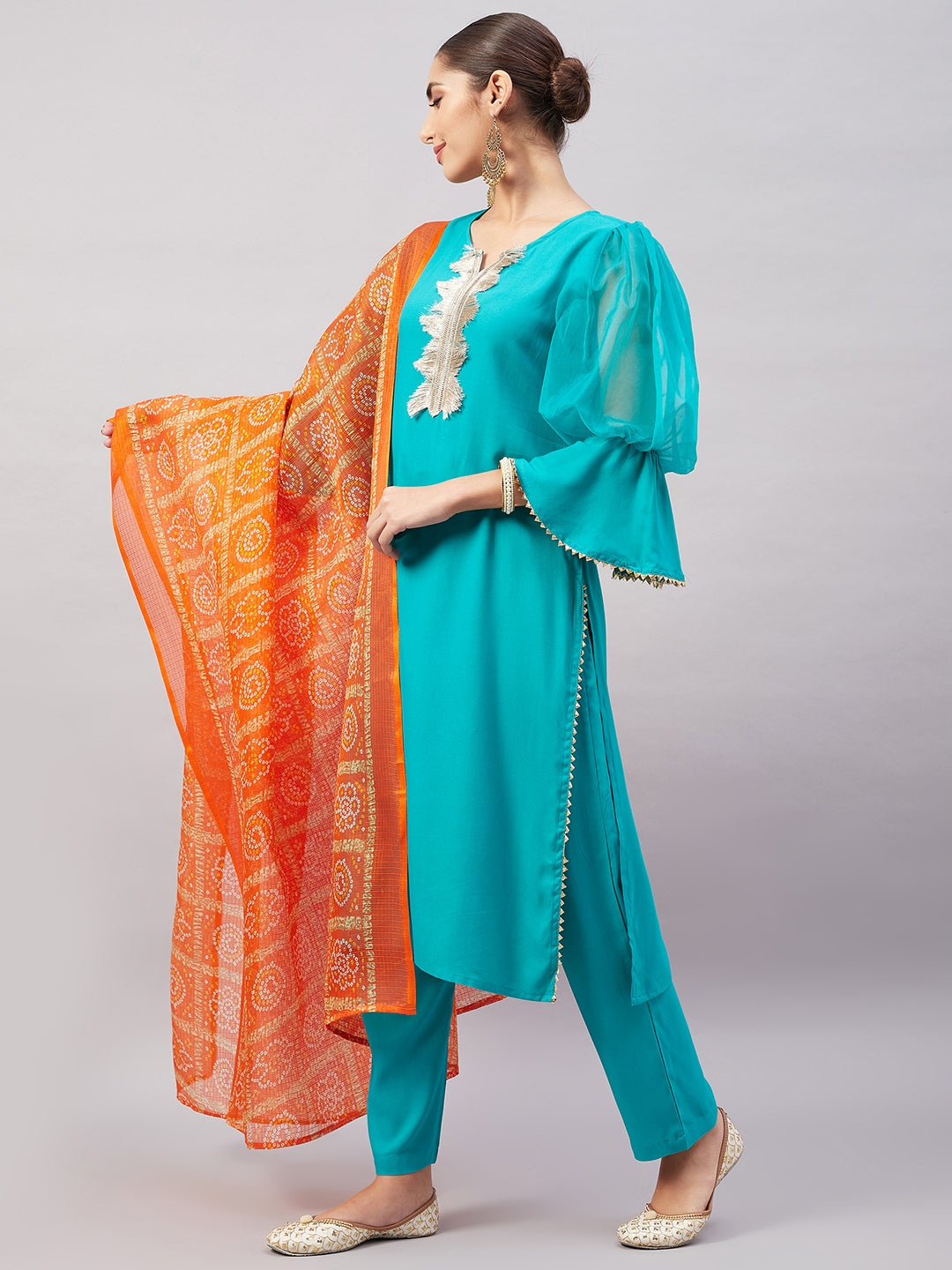 InWeave Women's Aqua Organza Sleeve Kurta Set With Orange Kota Dupatta - Swadesiicart