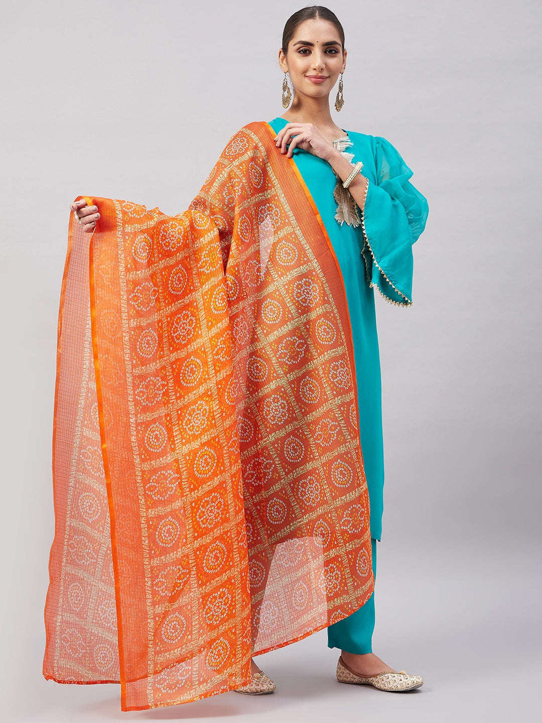 InWeave Women's Aqua Organza Sleeve Kurta Set With Orange Kota Dupatta - Swadesiicart