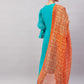 InWeave Women's Aqua Organza Sleeve Kurta Set With Orange Kota Dupatta - Swadesiicart
