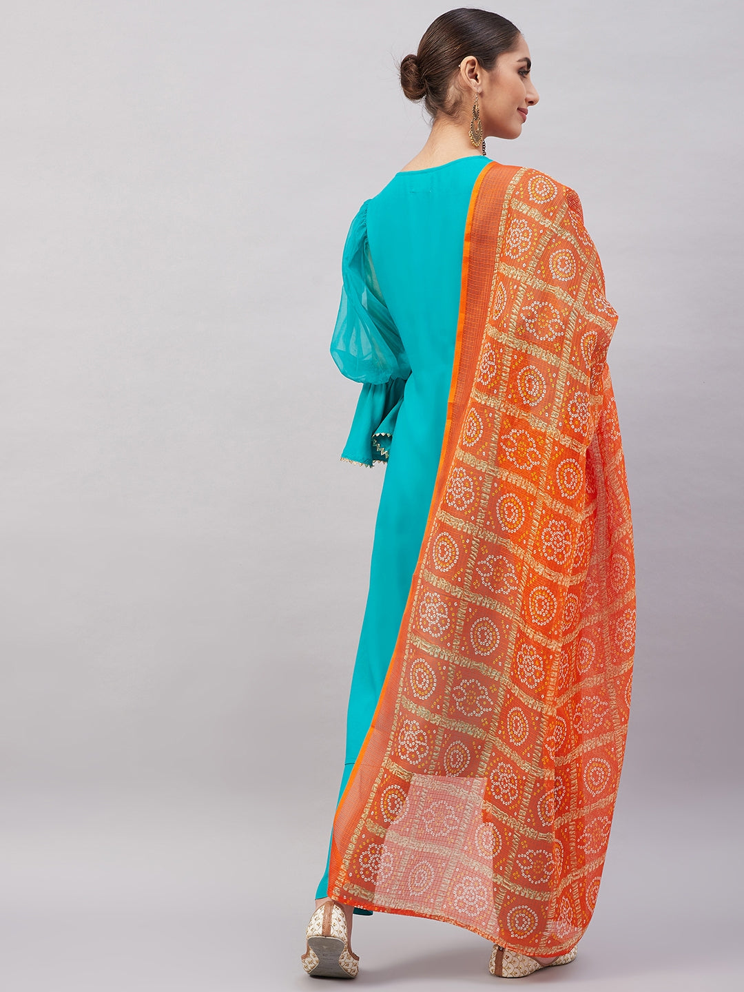InWeave Women's Aqua Organza Sleeve Kurta Set With Orange Kota Dupatta - Swadesiicart