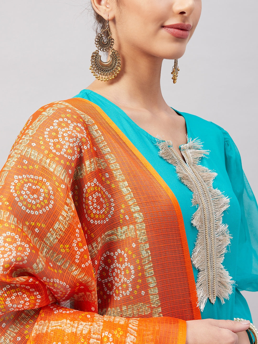 InWeave Women's Aqua Organza Sleeve Kurta Set With Orange Kota Dupatta - Swadesiicart