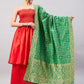 InWeave Women's Red Off Shoulder Kurta Set W Green Brocade Dupatta - Swadesiicart