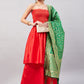 InWeave Women's Red Off Shoulder Kurta Set W Green Brocade Dupatta - Swadesiicart