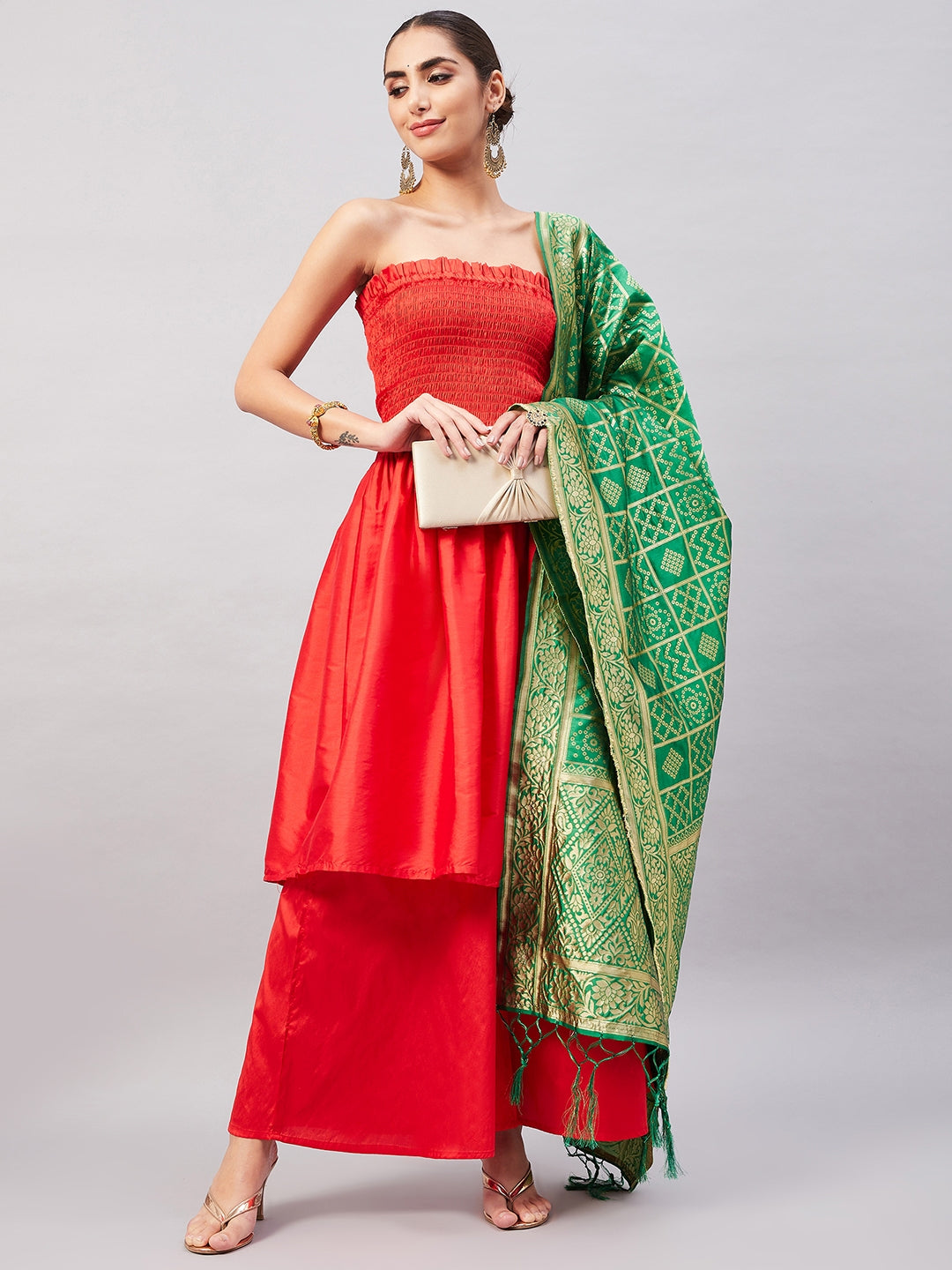 InWeave Women's Red Off Shoulder Kurta Set W Green Brocade Dupatta - Swadesiicart