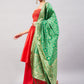 InWeave Women's Red Off Shoulder Kurta Set W Green Brocade Dupatta - Swadesiicart