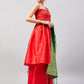 InWeave Women's Red Off Shoulder Kurta Set W Green Brocade Dupatta - Swadesiicart