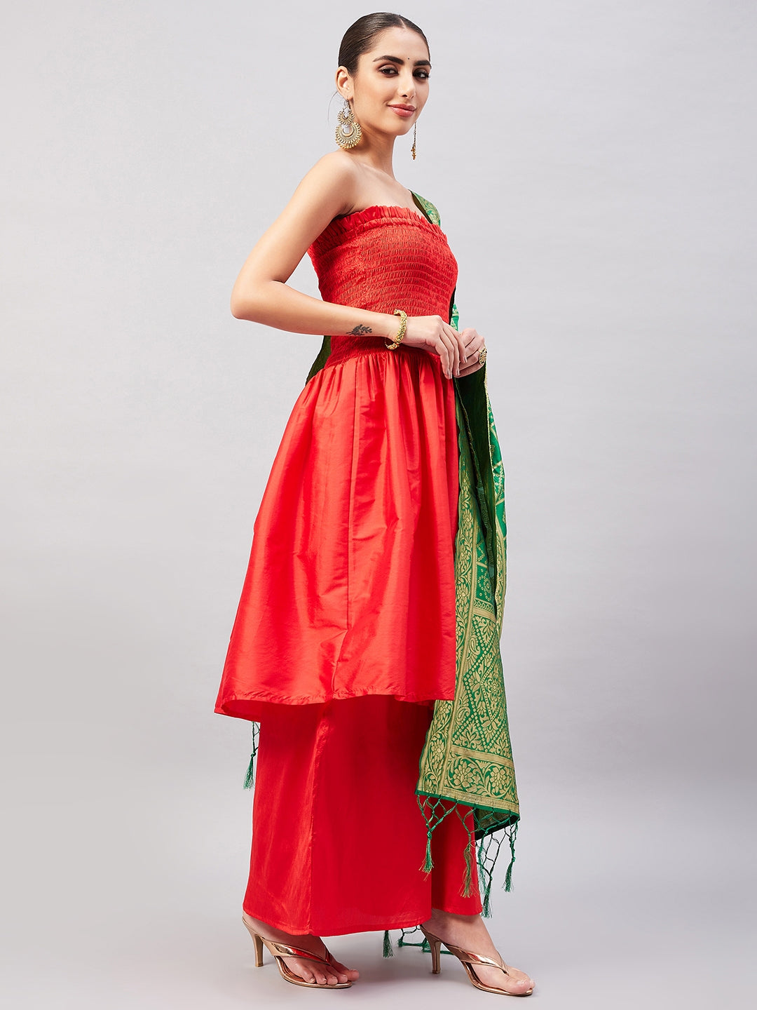 InWeave Women's Red Off Shoulder Kurta Set W Green Brocade Dupatta - Swadesiicart