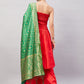 InWeave Women's Red Off Shoulder Kurta Set W Green Brocade Dupatta - Swadesiicart