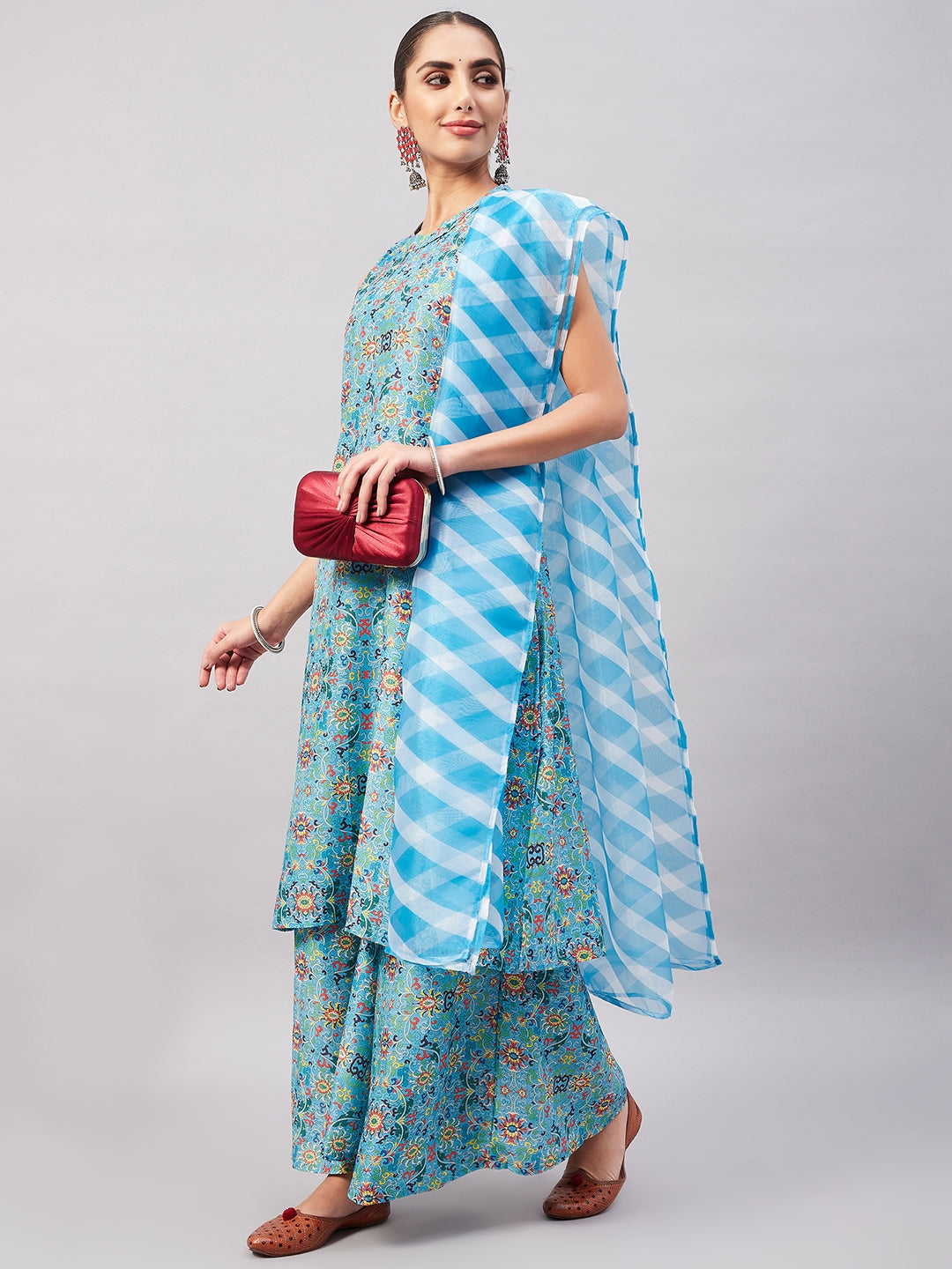 InWeave Women's Sky Blue Floral Halter Kurta Set W Sb Leh Organza Dupatta - Swadesiicart