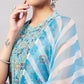 InWeave Women's Sky Blue Floral Halter Kurta Set W Sb Leh Organza Dupatta - Swadesiicart