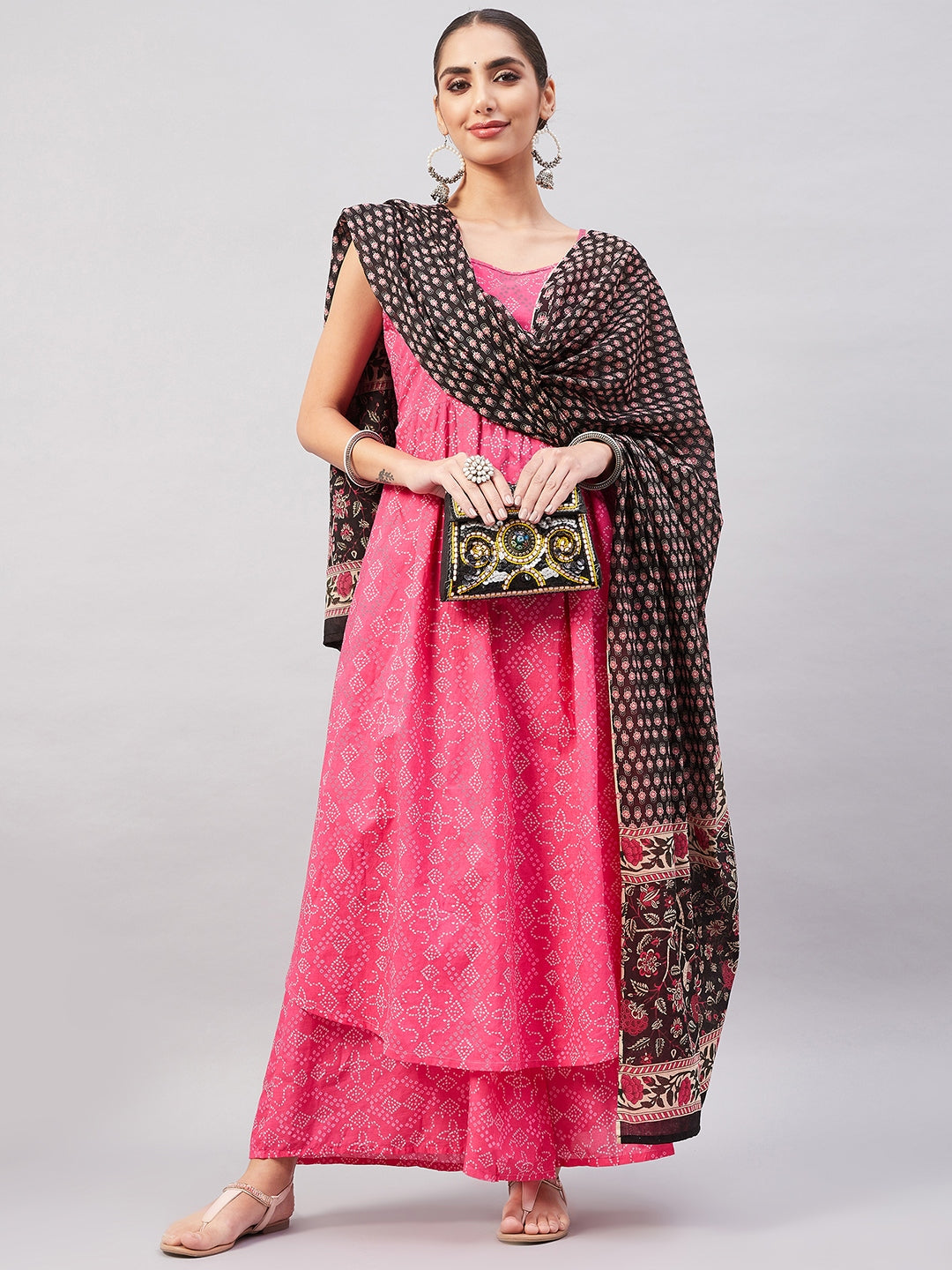 InWeave Women's Pink Bandhani Strappy Set W Black Pink Ethnic Dupatta - Swadesiicart