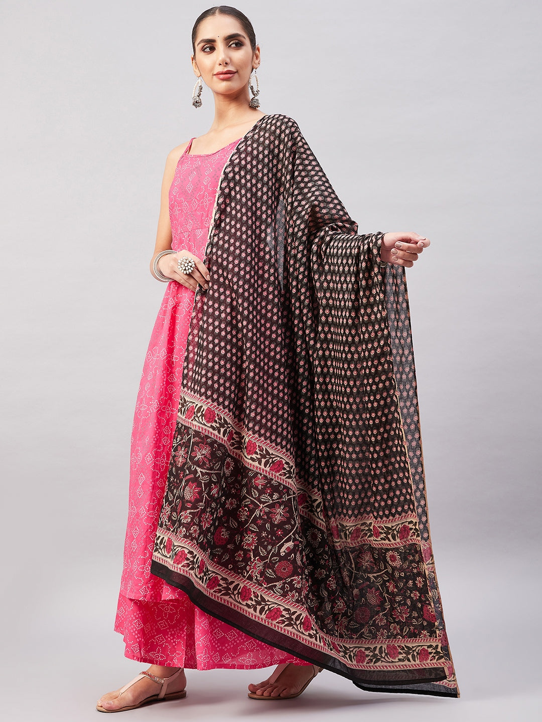 InWeave Women's Pink Bandhani Strappy Set W Black Pink Ethnic Dupatta - Swadesiicart