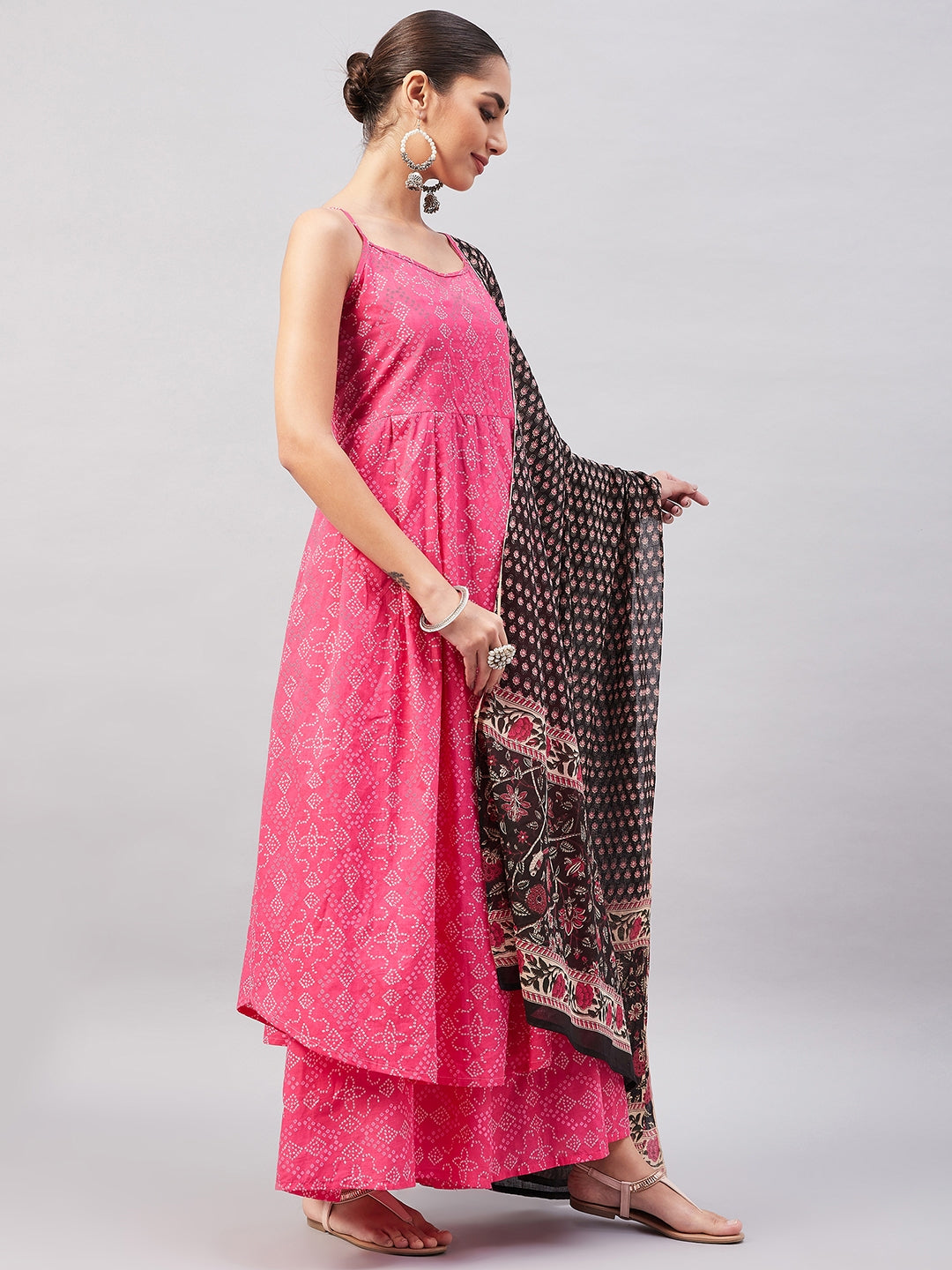 InWeave Women's Pink Bandhani Strappy Set W Black Pink Ethnic Dupatta - Swadesiicart