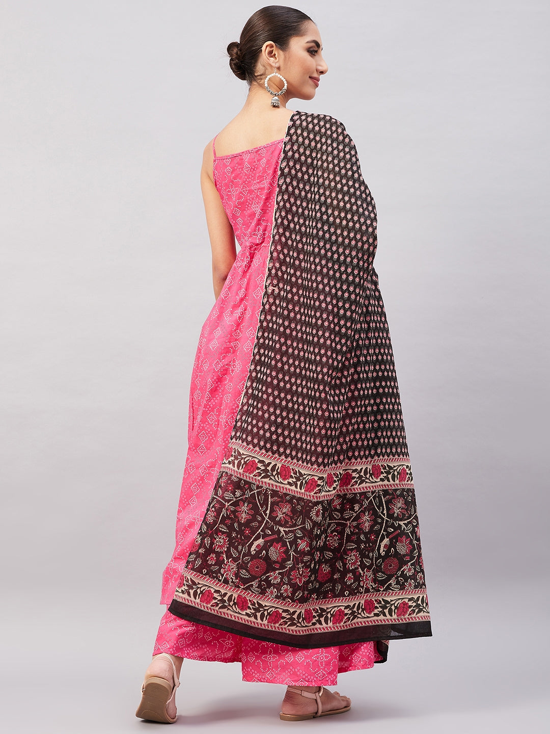 InWeave Women's Pink Bandhani Strappy Set W Black Pink Ethnic Dupatta - Swadesiicart