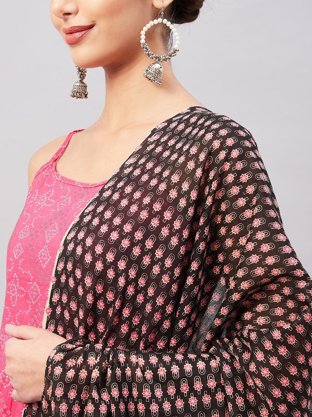 InWeave Women's Pink Bandhani Strappy Set W Black Pink Ethnic Dupatta - Swadesiicart