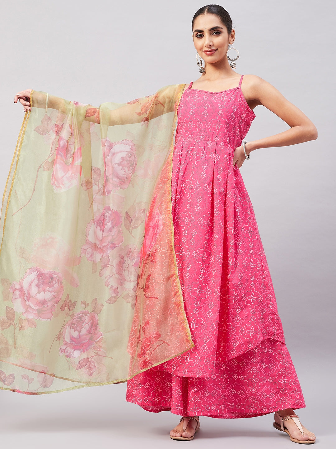 InWeave Women's Pink Bandhani Strappy Set W Golden Floral Organza Dupatta - Swadesiicart