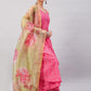 InWeave Women's Pink Bandhani Strappy Set W Golden Floral Organza Dupatta - Swadesiicart