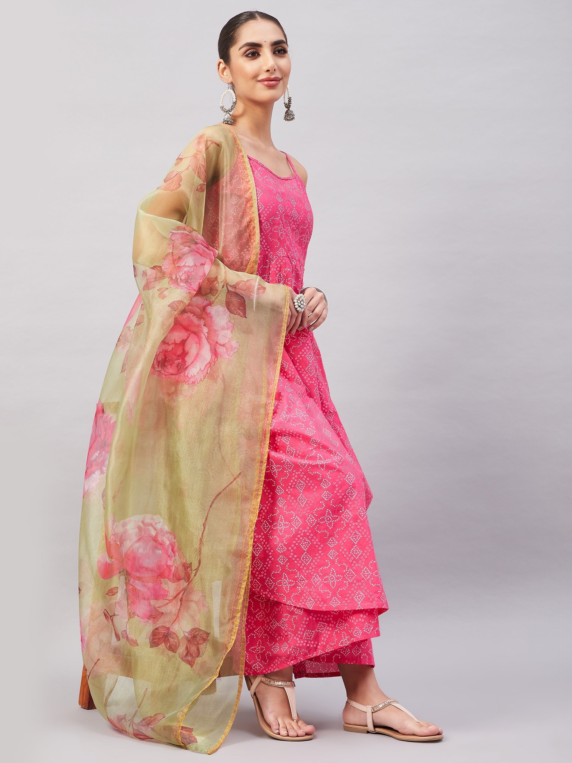 InWeave Women's Pink Bandhani Strappy Set W Golden Floral Organza Dupatta - Swadesiicart