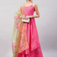 InWeave Women's Pink Bandhani Strappy Set W Golden Floral Organza Dupatta - Swadesiicart