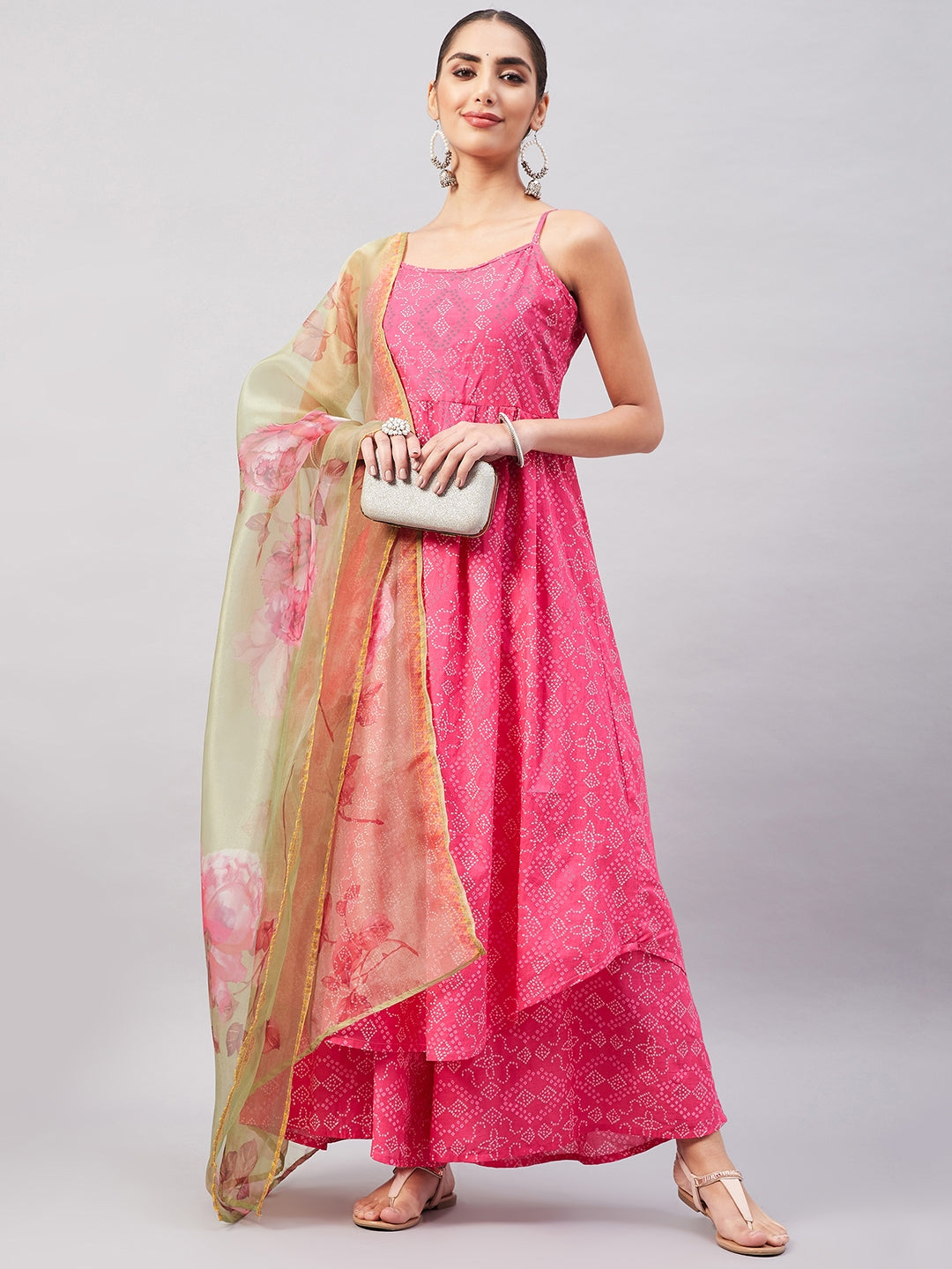 InWeave Women's Pink Bandhani Strappy Set W Golden Floral Organza Dupatta - Swadesiicart
