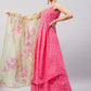 InWeave Women's Pink Bandhani Strappy Set W Golden Floral Organza Dupatta - Swadesiicart