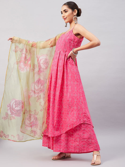 InWeave Women's Pink Bandhani Strappy Set W Golden Floral Organza Dupatta - Swadesiicart