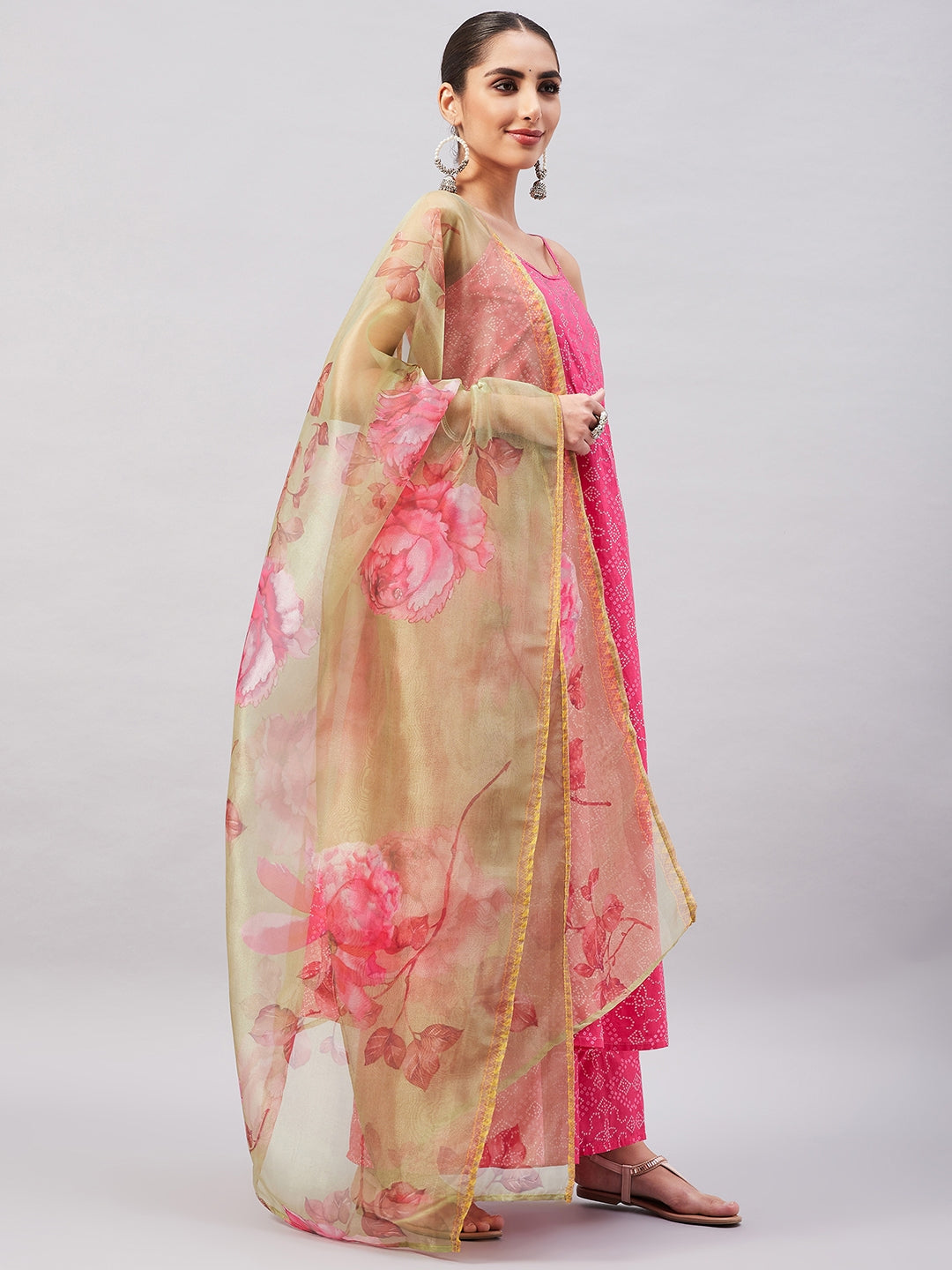 InWeave Women's Pink Bandhani Strappy Set W Golden Floral Organza Dupatta - Swadesiicart